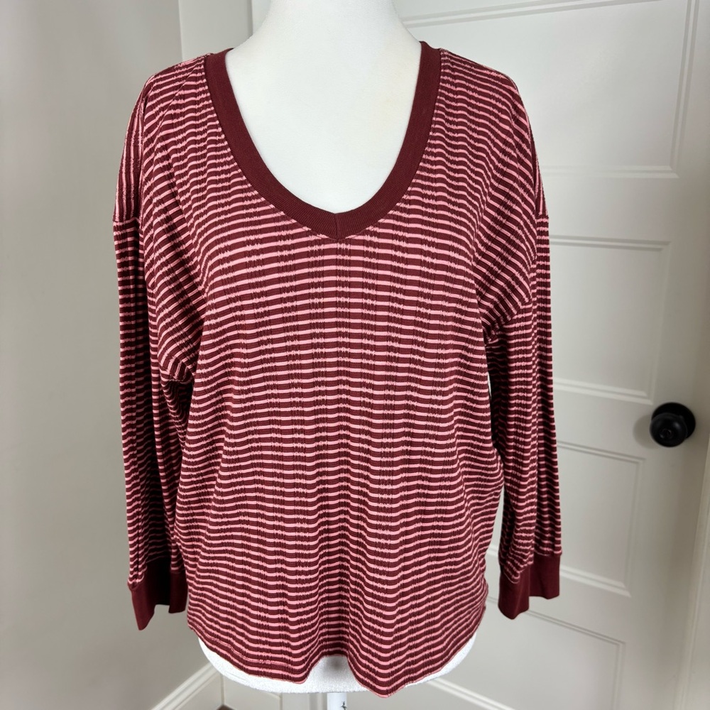 by Anthropologie Maroon and Pink‎ Striped Top Size M